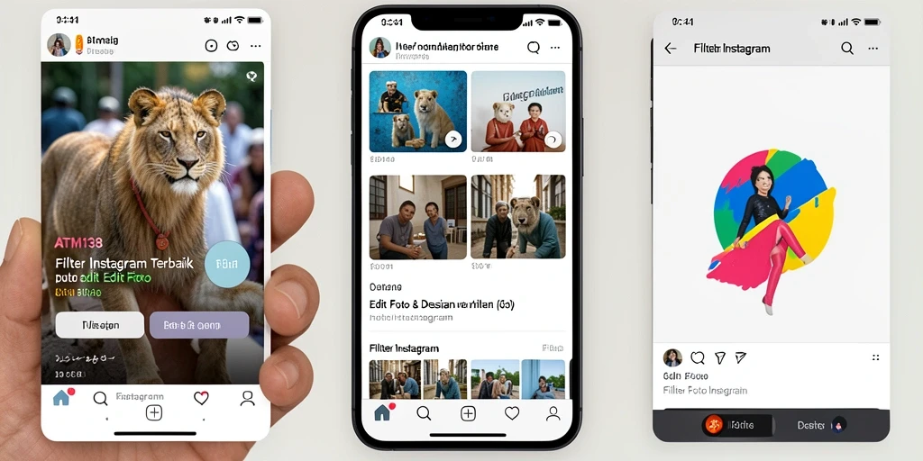Screenshot aplikasi ATM138 menunjukkan antarmuka intuitif untuk mengedit foto dengan filter Instagram.