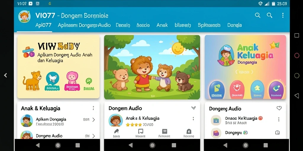 Tampilan antarmuka VIO77 yang ramah anak dengan pilihan dongeng audio.